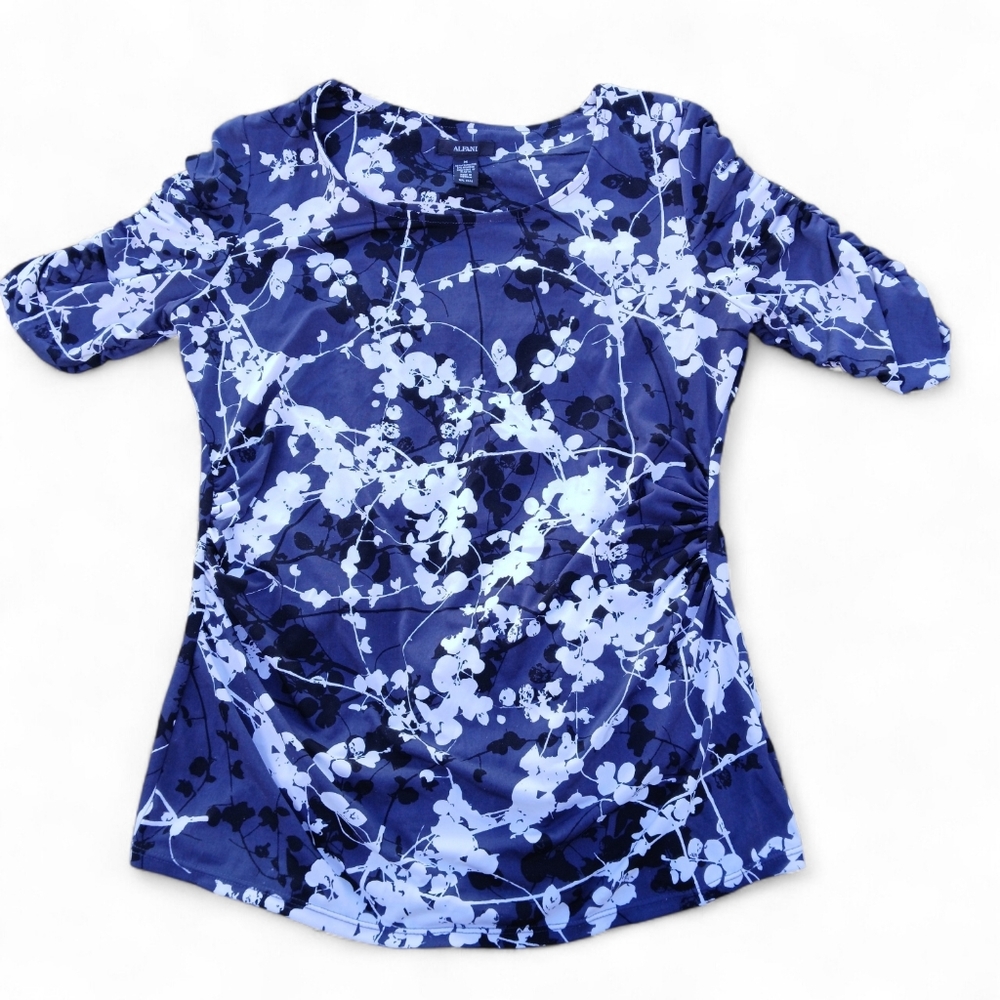 Alfani Navy & White Floral Ruched Sleeve Blouse - Size Medium